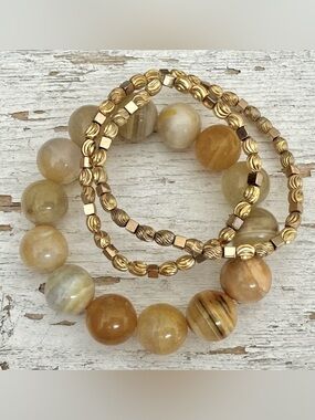 Gold and Honey Brown Bead Stretch Bracelet Set - Women's Fashion Bracelet